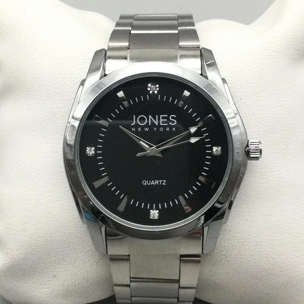Jones New York Mens Watch 42mm Black Dial Silver Tone Steel Bracelet 8.25